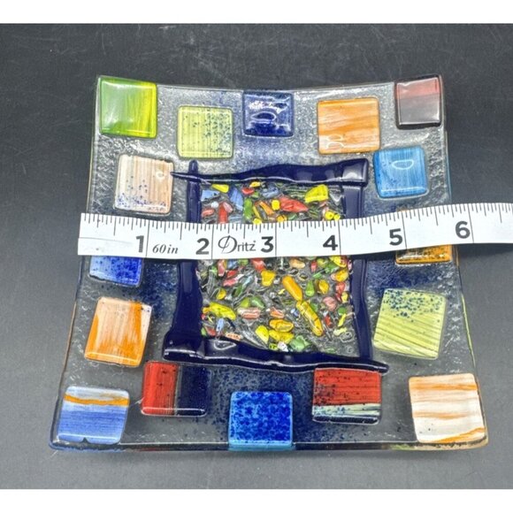 Colorful Fused Textured Art Glass Square Trinket Dish Ashtray 5.5” X 5.5” - Picture 5 of 6